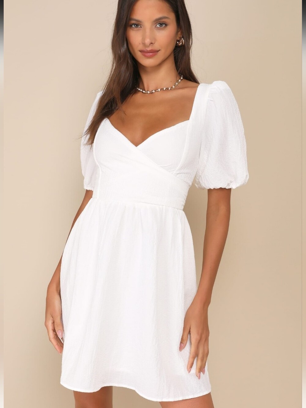 Lulus Little Bit in Love White Babydoll Dress Lined Size Med NWT Puff Sleeve